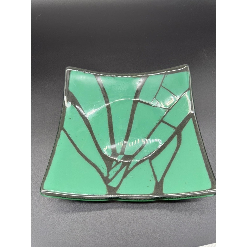 Grey And Green Glass Fused Plate‎ 7.5" x 7.5" X 1.25" Modern Contemporary Design